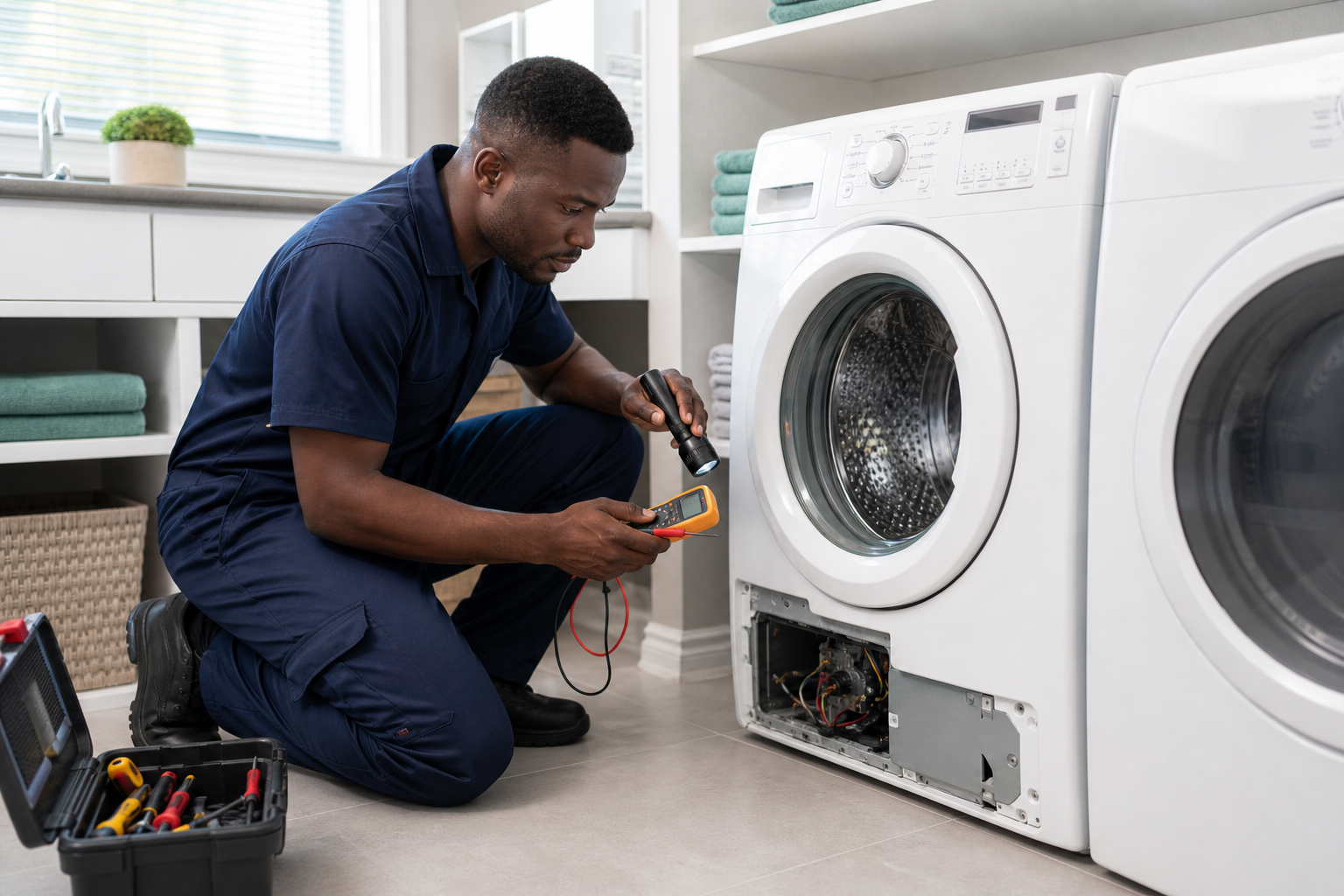 Black appliance repair technician diagnosing a front-load washing machine with professional tools